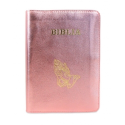 Biblie piele mica lux, coperta roz sidefat cu maini